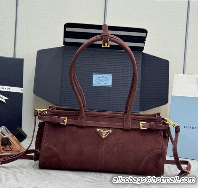 Promotional Prada Bonnie Medium Suede handbag 1BA426 Burgundy 2025