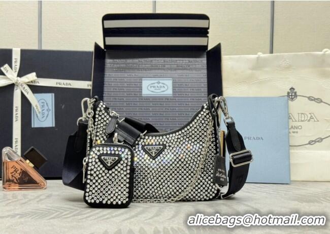 Grade Design Prada Re-Edition 2005 crystal-studded satin Bag 1BH204 Black 2025