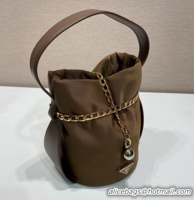 New Cheap Prada Petit Sac Noir mini nylon bucket bag 1BE088 Brown 2025