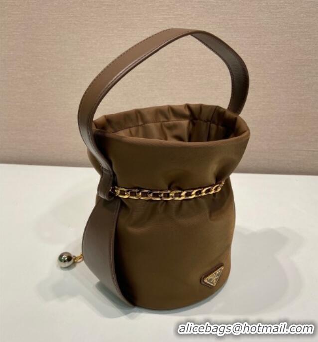 New Cheap Prada Petit Sac Noir mini nylon bucket bag 1BE088 Brown 2025