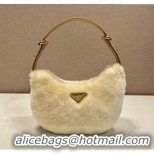 Famous Brand Prada Arque shearling and leather shoulder bag 1BC194 Ecru Beige 2025