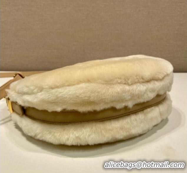 Famous Brand Prada Arque shearling and leather shoulder bag 1BC194 Ecru Beige 2025