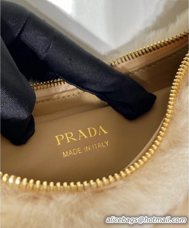 Famous Brand Prada Arque shearling and leather shoulder bag 1BC194 Ecru Beige 2025