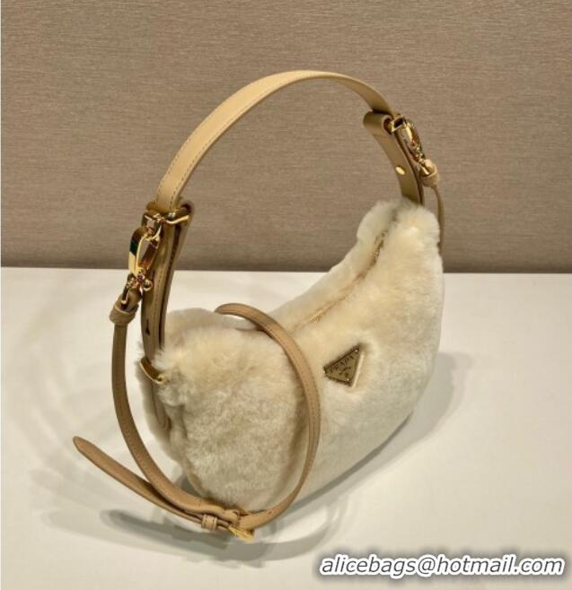 Famous Brand Prada Arque shearling and leather shoulder bag 1BC194 Ecru Beige 2025