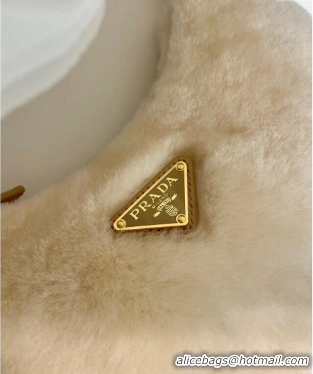 Famous Brand Prada Arque shearling and leather shoulder bag 1BC194 Ecru Beige 2025