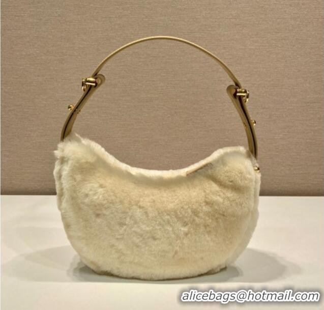 Famous Brand Prada Arque shearling and leather shoulder bag 1BC194 Ecru Beige 2025