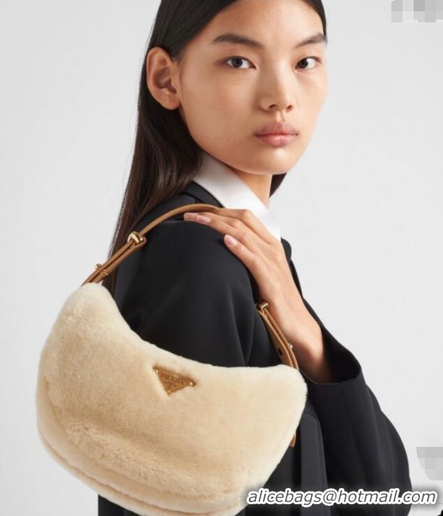 Famous Brand Prada Arque shearling and leather shoulder bag 1BC194 Ecru Beige 2025