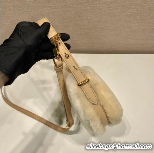 Famous Brand Prada Arque shearling and leather shoulder bag 1BC194 Ecru Beige 2025