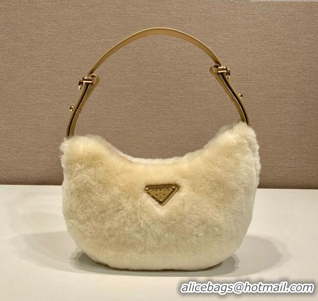 Famous Brand Prada Arque shearling and leather shoulder bag 1BC194 Ecru Beige 2025