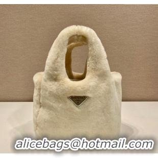 Luxury Discount Prada Mini shearling handbag 1BA349 Ecru Beige 2025