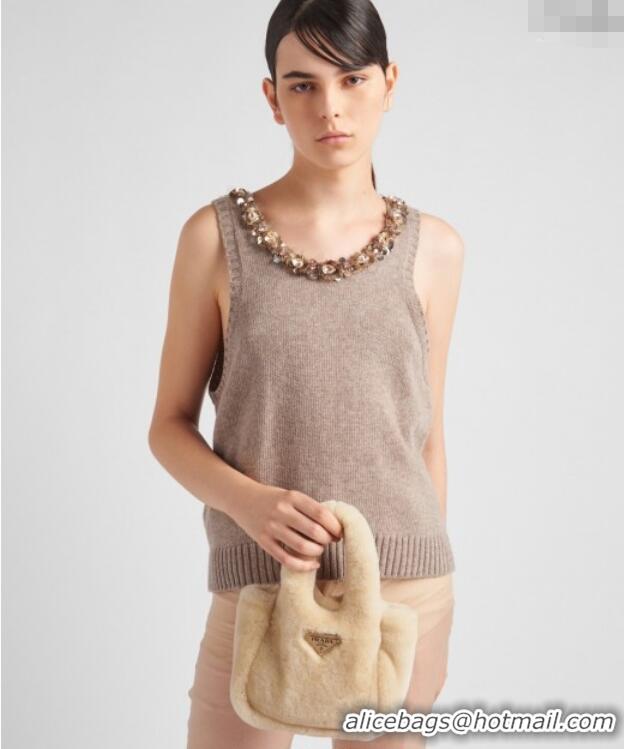 Luxury Discount Prada Mini shearling handbag 1BA349 Ecru Beige 2025