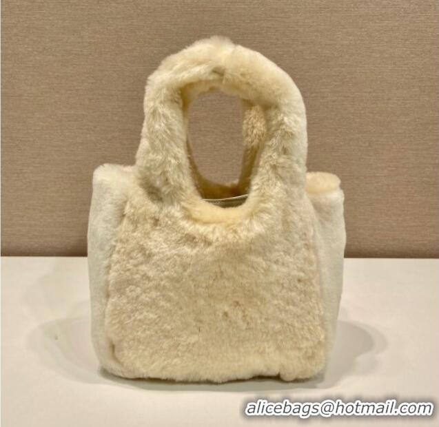 Luxury Discount Prada Mini shearling handbag 1BA349 Ecru Beige 2025