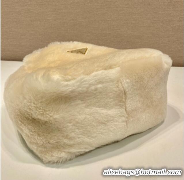 Luxury Discount Prada Mini shearling handbag 1BA349 Ecru Beige 2025
