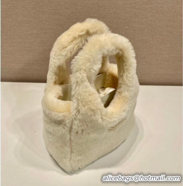 Luxury Discount Prada Mini shearling handbag 1BA349 Ecru Beige 2025