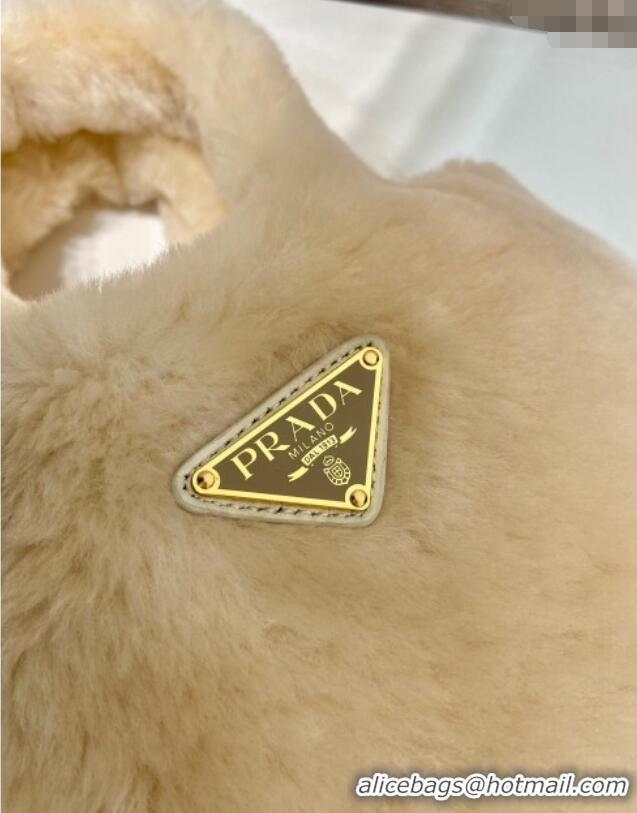 Luxury Discount Prada Mini shearling handbag 1BA349 Ecru Beige 2025