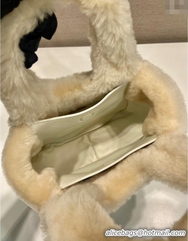 Luxury Discount Prada Mini shearling handbag 1BA349 Ecru Beige 2025