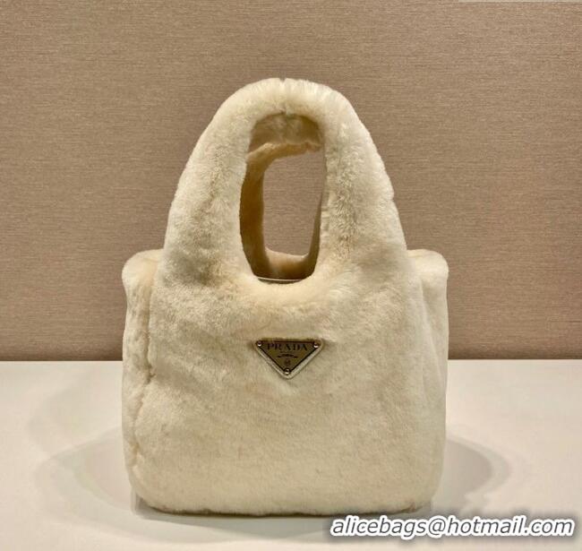 Luxury Discount Prada Mini shearling handbag 1BA349 Ecru Beige 2025
