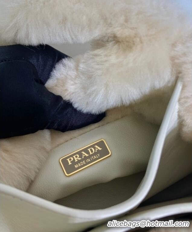 Luxury Discount Prada Mini shearling handbag 1BA349 Ecru Beige 2025