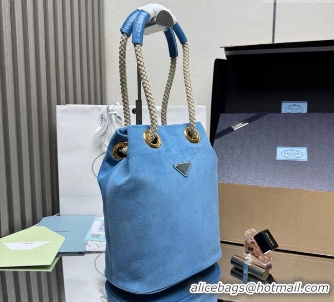Traditional Discount Prada Mariner small suede bucket bag 1BE082 Blue 2025