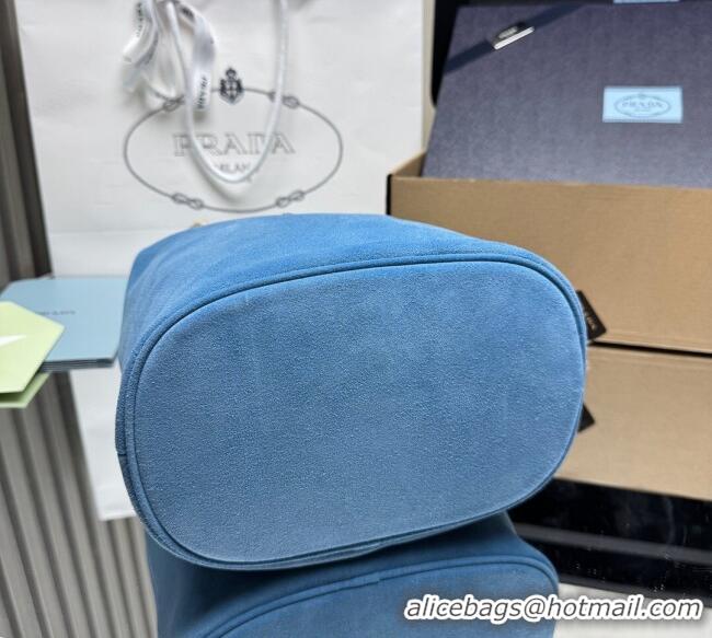 Traditional Discount Prada Mariner small suede bucket bag 1BE082 Blue 2025