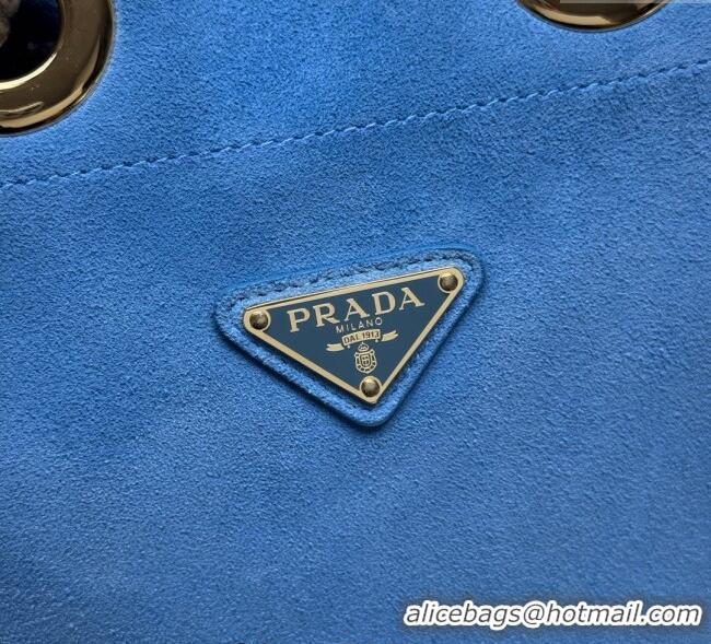 Traditional Discount Prada Mariner small suede bucket bag 1BE082 Blue 2025