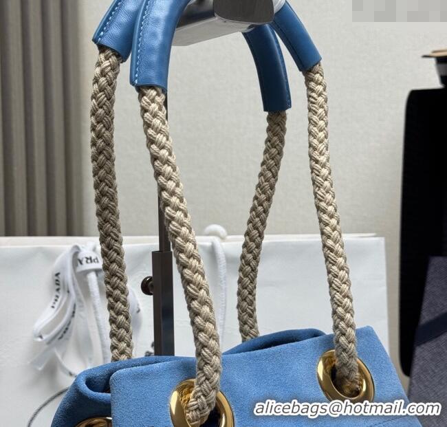 Traditional Discount Prada Mariner small suede bucket bag 1BE082 Blue 2025