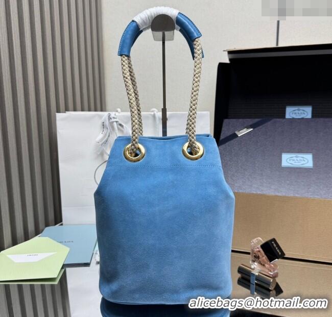 Traditional Discount Prada Mariner small suede bucket bag 1BE082 Blue 2025