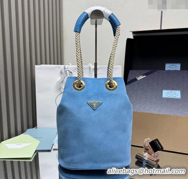 Traditional Discount Prada Mariner small suede bucket bag 1BE082 Blue 2025