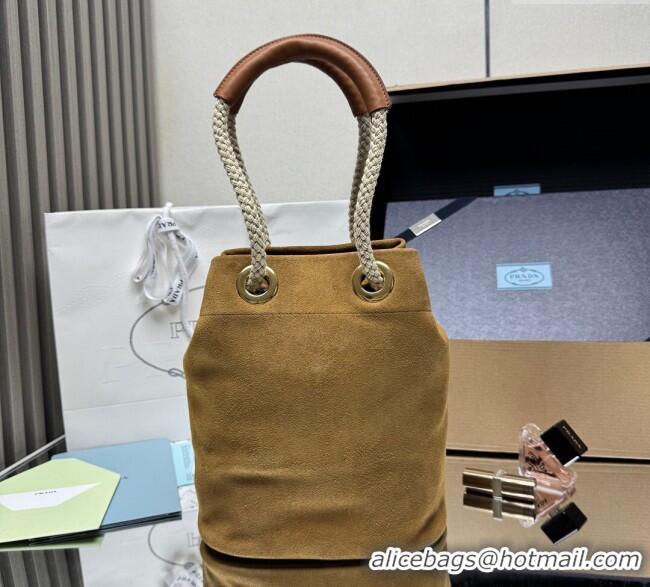 Original Cheap Prada Mariner small suede bucket bag 1BE082 Cinnamon Brown 2025