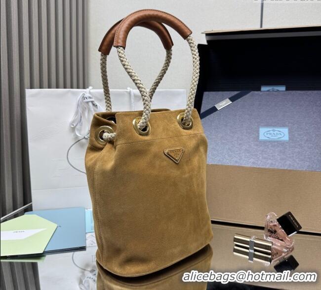 Original Cheap Prada Mariner small suede bucket bag 1BE082 Cinnamon Brown 2025