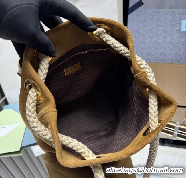 Original Cheap Prada Mariner small suede bucket bag 1BE082 Cinnamon Brown 2025