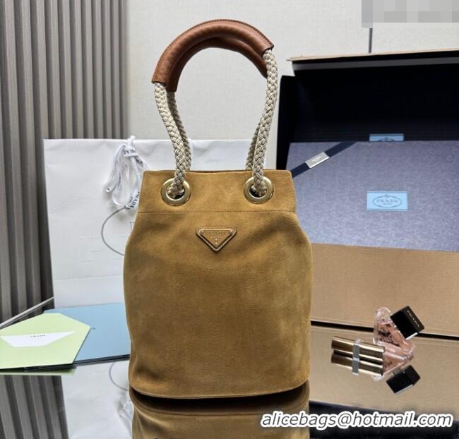 Original Cheap Prada Mariner small suede bucket bag 1BE082 Cinnamon Brown 2025