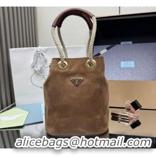 Best Price Prada Mariner small suede bucket bag 1BE082 Cocoa Brown 2025