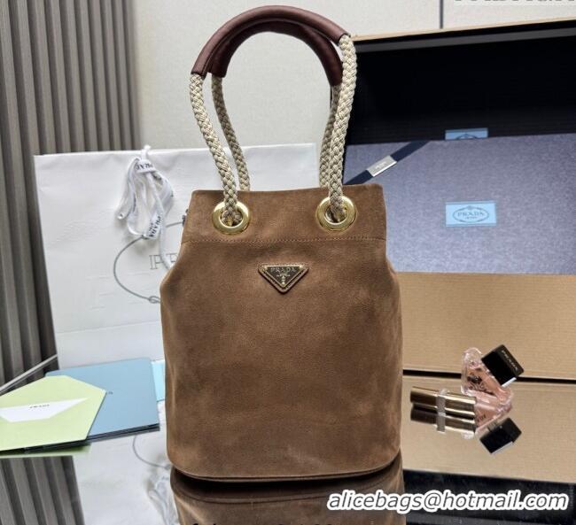 Best Price Prada Mariner small suede bucket bag 1BE082 Cocoa Brown 2025