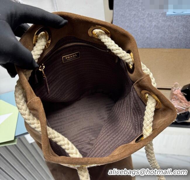 Best Price Prada Mariner small suede bucket bag 1BE082 Cocoa Brown 2025