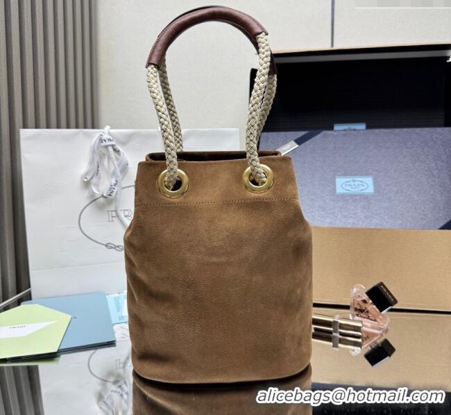Best Price Prada Mariner small suede bucket bag 1BE082 Cocoa Brown 2025