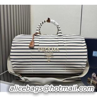 Top Design Prada Mens Striped Canvas duffle bag 2VC051 Ivory/Blue 2025
