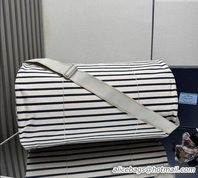 Top Design Prada Mens Striped Canvas duffle bag 2VC051 Ivory/Blue 2025