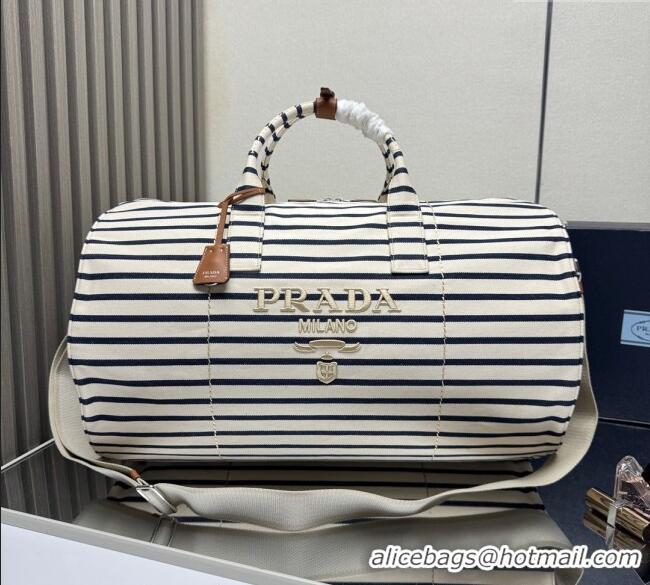 Top Design Prada Mens Striped Canvas duffle bag 2VC051 Ivory/Blue 2025