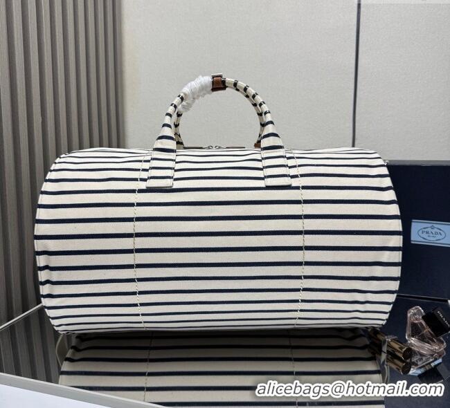 Top Design Prada Mens Striped Canvas duffle bag 2VC051 Ivory/Blue 2025