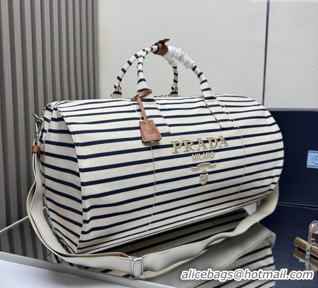 Top Design Prada Mens Striped Canvas duffle bag 2VC051 Ivory/Blue 2025