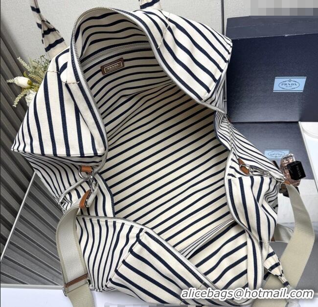 Top Design Prada Mens Striped Canvas duffle bag 2VC051 Ivory/Blue 2025