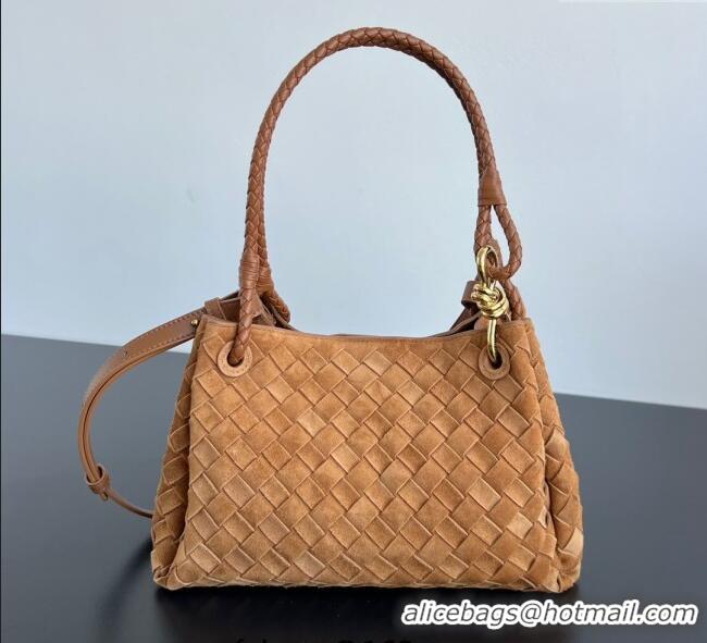 Grade Quality Bottega Veneta Parachute Medium Shoulder Bag in Intrecciato Suede 835921 Amber Brown 2025