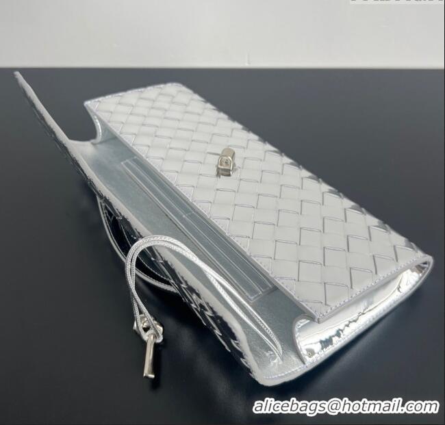 Original Cheap Bottega Veneta Long Clutch Bag Andiamo in Glazed Leather 741511 Silver 2025