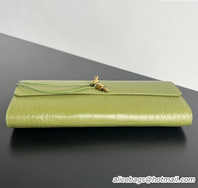 Luxury Cheap Bottega Veneta Long Clutch Bag Andiamo in Crocodile Embossed Leather 741511 Matcha Green 2025
