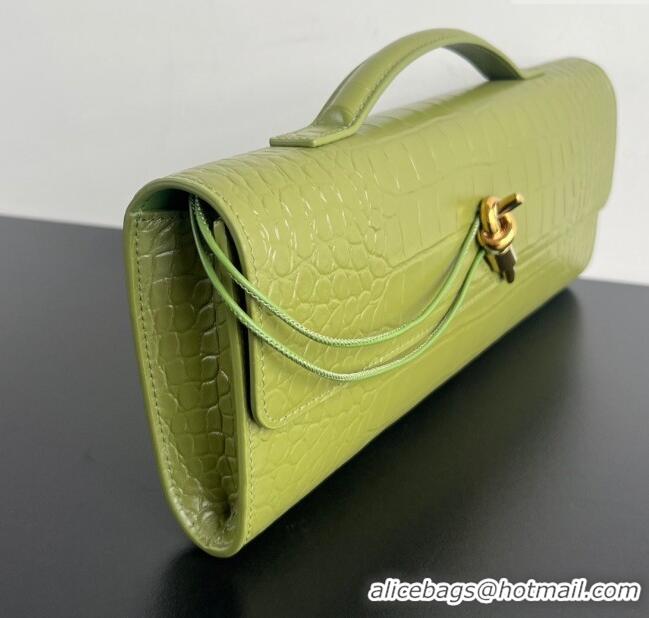 Luxury Cheap Bottega Veneta Long Clutch Bag Andiamo in Crocodile Embossed Leather 741511 Matcha Green 2025