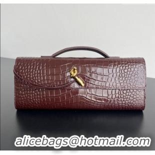 Top Grade Bottega Veneta Long Clutch Bag Andiamo in Crocodile Embossed Leather 741511 Dark Brown 2025