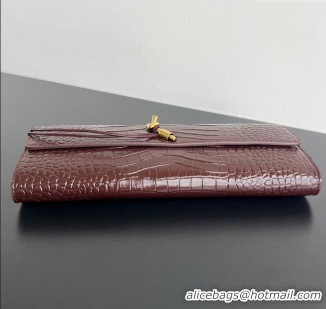 Top Grade Bottega Veneta Long Clutch Bag Andiamo in Crocodile Embossed Leather 741511 Dark Brown 2025