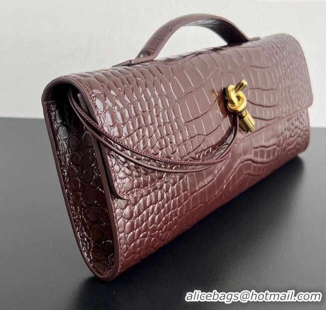 Top Grade Bottega Veneta Long Clutch Bag Andiamo in Crocodile Embossed Leather 741511 Dark Brown 2025