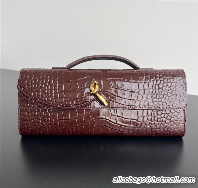 Top Grade Bottega Veneta Long Clutch Bag Andiamo in Crocodile Embossed Leather 741511 Dark Brown 2025